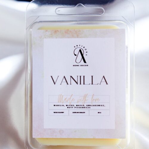 Ręcznie wykonany wosk sojowy o zapachu wanilii, mleka i masła. Naturalny produkt do kominka zapachowego, z błyszczącymi drobinkami po rozpuszczeniu.
